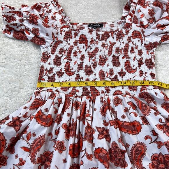 Everlily paisley patterned white and red puffed sleeve smocked milkmaid dress, L - Picture 6 of 9